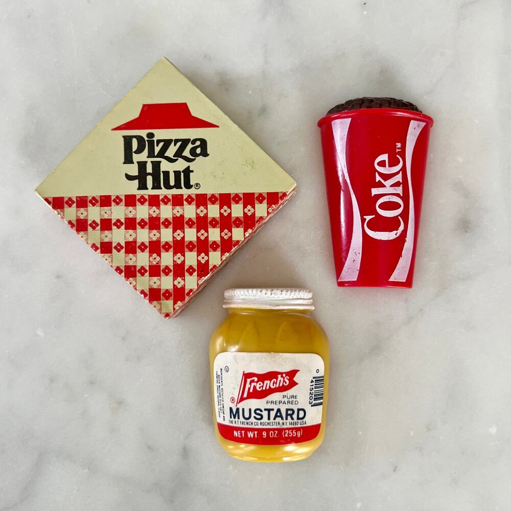 Vintage 80s 3D Brand Fridge Magnets / Pizza Hut - French's Mustard - Coke